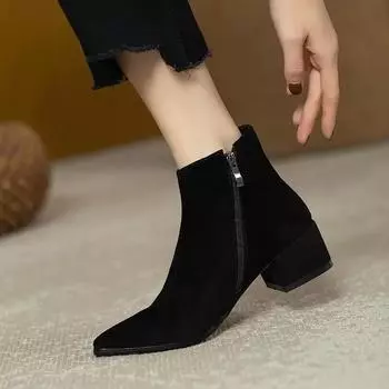 Весна Осень Женские Ботильоны Модные Черные Флоковые Боковые Молнии Квадратные Среднего Высокого Каблука Женские Короткие Сапоги Женская Обувь Botas 35