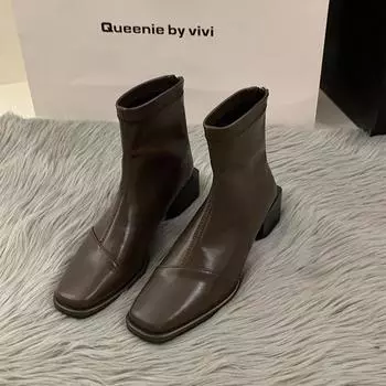 Весна Осень Женские Ботильоны Модные Мягкие Кожаные Женские Короткие Ботильоны На Низком Каблуке Элегантные Молнии Сзади Женская Обувь 35 кофейный