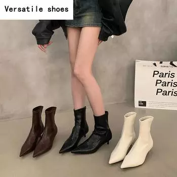 Весна Осень Женские Ботильоны Модные Острые Носки Современные Короткие Ботильоны Дизайнерские Туфли На Высоком Каблуке Botas De Mujer 35