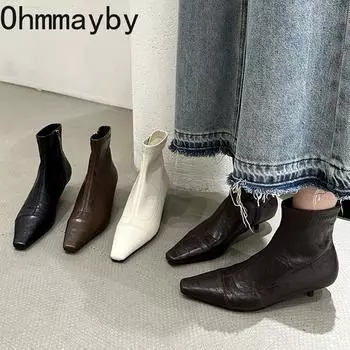 Весна Осень Женские Ботильоны Модные Острые Носки Короткие Ботильоны Женские Элегантные Низкие Каблуки Botas De Mujer 35