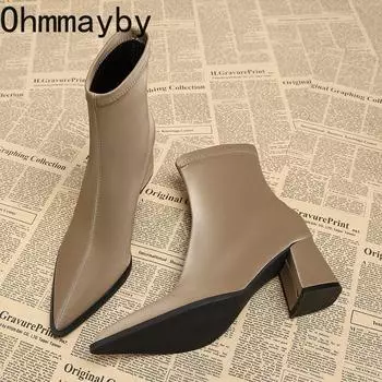 Весна Осень Женские Ботильоны Модные Острые Носки Современные Короткие Ботильоны Дизайнерские Квадратные Каблуки Botas De Mujer 35 хаки