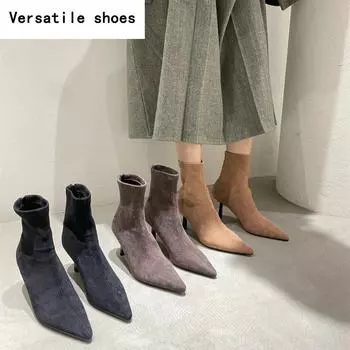 Весна Осень Женские Ботинки-Носки Модные Тонкие Высокие Каблуки Танцевальные Туфли Для Выпускного Вечера Laides Острый Носок Короткие Ботинки 35