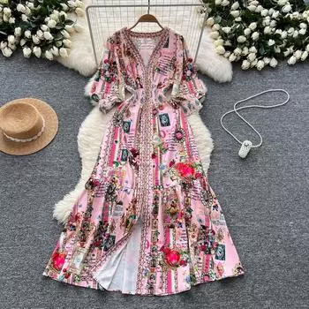 Весна Осень Женские Брендовые Дизайнерские Принты Подиумные Платья V-образный вырез Эластичная Талия Длинные Макси Платья Для Вечеринок S розовый