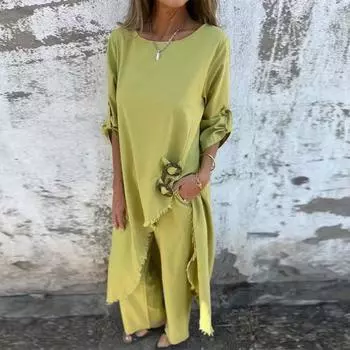 Весна Осень Женские Брюки Комплекты Однотонные Неровные Высокий Низкий Подол Женский Комплект Из Двух Частей С О-Образным Вырезом Топ С Разрезом Широкие Брюки Комплекты S жёлтый
