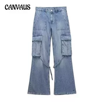 Весна Осень Женские Брюки Летние Рабочие Повседневные Брюки С Завышенной Талией Украшенные Пуговицами Слегка Расклешенные Джинсы XS озеро синий