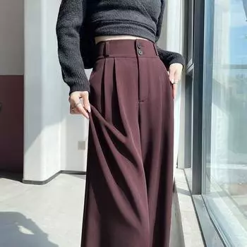 Весна Осень Женские Брюки С Высокой Талией Женские Прямые Офисные Женские Брюки Модные Свободные Женские Уличные На Пуговицах XXL чёрный