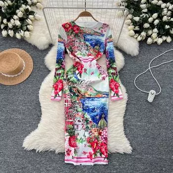 Весна Осень Женские Дизайнерские Винтажные Платья С Принтом Подиум О-Образным Вырезом Длинные Миди Офисные Вечеринки Тонкие Платья-Карандаши S синий