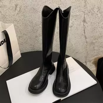 Весна Осень Женские Длинные Сапоги Платформа Однотонные Повседневные Женские Туфли Толстая Подошва Черные Длинные Рыцарские Сапоги Сапоги До Колена С Молнией Сзади 35 хаки