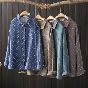Весна Осень Женские Двухслойные Хлопковые Пряжи Белые Рубашки Женские Топы С Горошек С Длинным Рукавом Карман Свободные Повседневные Блузки One Size темно-синий