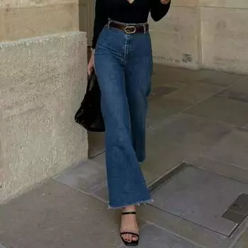 Весна Осень Женские Джинсы Женские Карго Высокая Талия Эластичные Прямые Брюки Винтажные Брюки Джинсы Женские S темно-синий