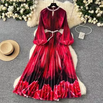 Весна Осень Женские Фонарики Рукава Бисероплетение Воротник Оверсайз Свободные Длинные Макси Праздничные Пляжные Платья с Поясом One Size