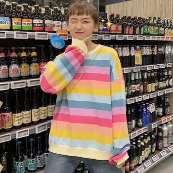 Весна Осень Женские футболки Харадзюку Радужные полосы Футболки с длинным рукавом Стиль преппи О-образный вырез Повседневные свободные топы y2k уличная одежда M