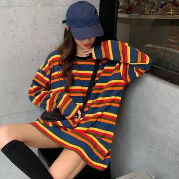 Весна Осень Женские готические длинные футболки Харадзюку Радужные полосы Длинные рукава футболка О-образный вырез Повседневные свободные топы y2k уличная одежда M