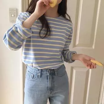 Весна Осень Женские хлопковые классические полосатые футболки с длинным рукавом и круглым вырезом Повседневные свободные рубашки Женские топы XXL розовый