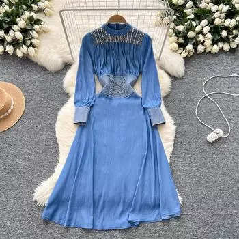 Весна Осень Женские Элегантные Бисероплетение Длинные Миди Вечерние Джинсовые Платья S синий