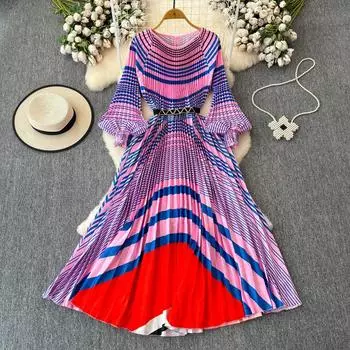 Весна Осень Женские Элегантные Длинные Полосатые Длинные Макси Платья Большие Свободные Плиссированные Платья Для Вечеринок Халат С Поясом One Size красный