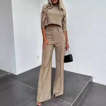 Весна Осень Женские Элегантные Офисные Костюмы Однотонный Комплект Из Двух Частей Для Женщин Повседневный Укороченный Топ + Брюки С Высокой Талией Женские Комплекты XS белый