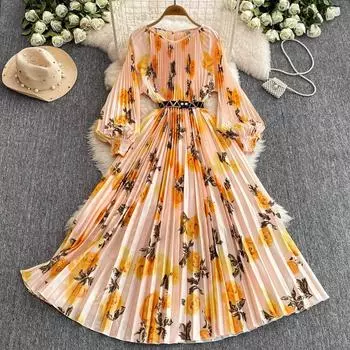 Весна Осень Женские Элегантные Винтажные Принты Большие Свободные Длинные Макси Платья Для Вечеринок С Поясом One Size