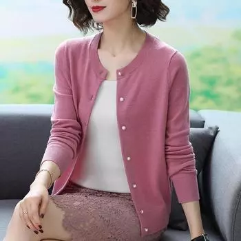 Весна Осень Женские Кардиганы С Длинными Рукавами Куртка Свободный Корейский Трикотажный Свитер Однотонные Кардиганы С Круглым Вырезом One size серый