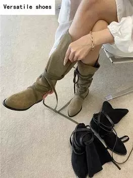 Весна Осень Женские ковбойские сапоги в стиле вестерн Модные туфли с перекрестными ремешками и острым носком Винтажные толстые каблуки Женские длинные сапоги 35