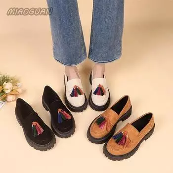 Весна Осень Женские Лоферы Туфли Толстая Подошва Повседневные Одиночные Туфли Модные Круглые Туфли-лодочки с Кисточками Замшевые Туфли На Среднем Каблуке Женская Обувь 35 бежевый