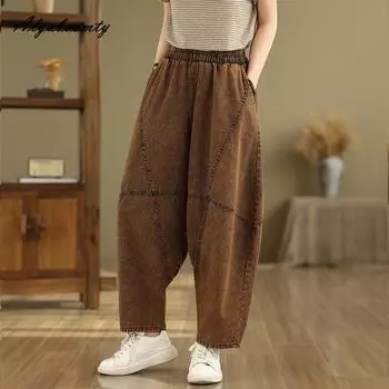 Весна Осень Женские мешковатые уличные джинсы с высокой талией Коричневые Зеленые джинсовые брюки Повседневные свободные винтажные универсальные шаровары XL зелёный