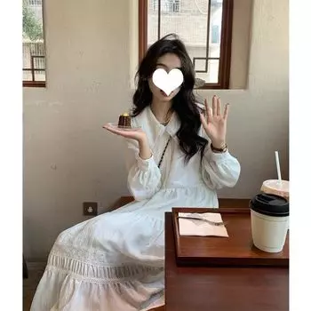 Весна Осень Женские Милые Свободные Платья Во Французском Стиле Повседневные Праздничные Рукава Фонарики Мягкие Простое Длинное Платье XS белый