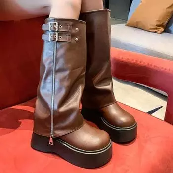 Весна Осень Женские Мотоциклетные Ботинки Британский Стиль На Толстой Подошве 2024 Сценический Подиум Ретро Молния Ремень Пряжка Дизайн Модные Ботинки 34 чёрный