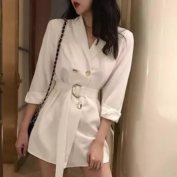 Весна Осень Женские Однотонные Пиджаки с Поясом Офисные Дамы Элегантный Двубортный Пиджак Корейский Костюм Харадзюку Пиджаки S белый