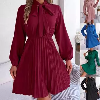 Весна-Осень Женские платья для женщин Платье Простое платье с длинным рукавом Повседневное платье Темпераментное плиссированное однотонное платье со шнуровкой на талии S розовый