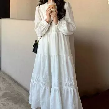 Весна Осень Женские Платья Милые Свободные Оборки Французский Стиль Повседневный Праздничный Фонариковый Рукав Мягкий Простой Длинный Платье XS белый