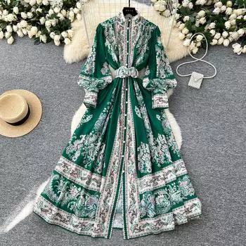Весна Осень Женские Платья Плюс Размер Винтаж Дворцовый Принт Однобортные Длинные Макси Платья Оверсайз Праздничные Платья Для Вечеринок С Поясом S зелёный