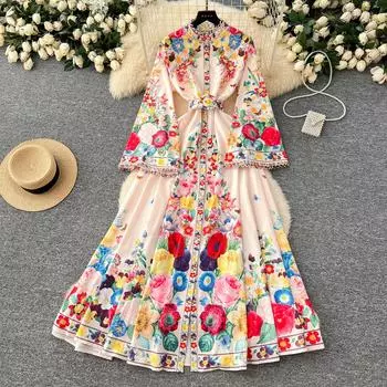 Весна Осень Женские Платья Плюс Размер Винтажный Принт Расклешенные Рукава Однобортные Длинные Макси Праздничные Платья Для Вечеринок с Поясом S абрикосовый