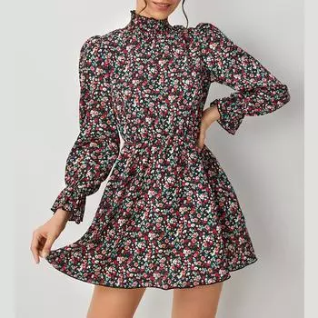 Весна осень Женские платья с каймой из листьев лотоса, повседневные, с длинным рукавом, узкие, с цветочным принтом, А-силуэта, с высоким воротником, женское мини-платье для пляжной вечеринки в стиле бохо S