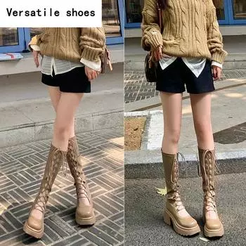 Весна Осень Женские Сапоги До Колена Модные Туфли На Платформе Каблуке со Шнуровкой Женские Элегантные Женские Длинные Ботильоны С Вырезом 35