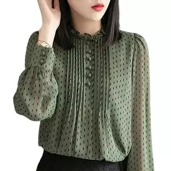 Весна Осень женские шифоновые блузки рубашки женские повседневные с длинным рукавом и круглым вырезом в горошек шифоновые блузы топы XS чёрный