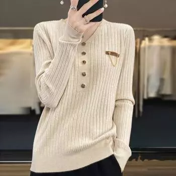 Весна Осень Женские свитера V-образный вырез Вязаные пуловеры Свободная рубашка Однотонный свитер One Size абрикосовый