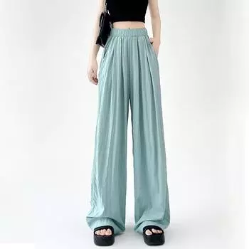 Весна Осень Женские Свободные Широкие Брюки Новые Тонкие Эластичные Высокая Талия Повседневные Драпированные Повседневные Длинные Брюки Однотонные Модные Элегантные Простые Брюки 2396 S розовый