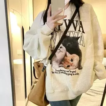 Весна Осень Женские Толстовки Оверсайз Круглый Вырез С Рисунком Мультяшного Кота Длинные Рукава Тонкие Толстовки Женский Повседневный Пуловер Унисекс Топ M