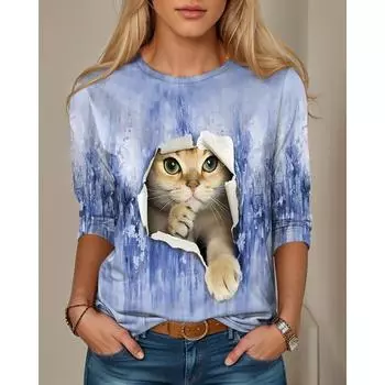 Весна Осень Женские Топы Кошка Длинный Рукав 3D Печатный Круглый Вырез Уличные Длинные Рукава Футболки S