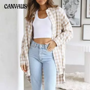 Весна Осень Женские Топы Плюс Размер Клетчатая Рубашка Нестандартная Куртка S чёрный