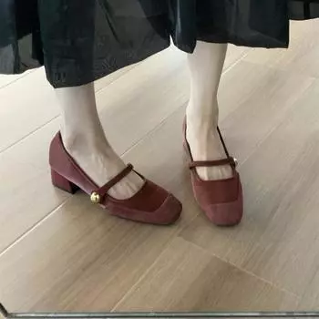 Весна Осень Женские Туфли-лодочки на толстом каблуке Модные женские туфли с мелкой пряжкой Замшевые повседневные женские туфли цвета красного вина Мэри Джейн 35 чёрный