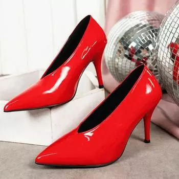 Весна Осень Женские Туфли-лодочки Острый Носок V-образный Вырез Модные Тонкие Высокие Каблуки Обувь для Женщин Однотонные Туфли на Каблуке для Платья Одинарные Туфли 35 красный