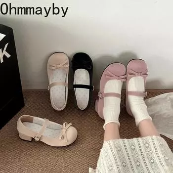 Весна Осень Женские Туфли Мэри Джейн Модные Туфли Бабочка-Узл Низкий Каблук Уличный Стиль Вечернее Платье Женские Туфли 35 бежевый