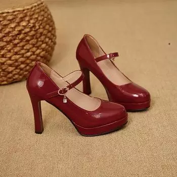 Весна-осень женские туфли на каблуках с толстой подошвой из лакированной кожи с острым носком для женщин 10 см толстый каблук женские одинарные туфли 35