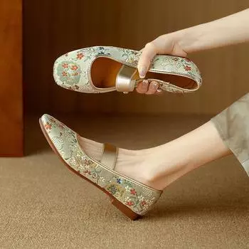 Весна/осень, женские туфли в китайском стиле с вышивкой на низком каблуке, ретро-туфли с квадратным носком и мягкой подошвой, удобные туфли Мэри Джейн 35 абрикосовый