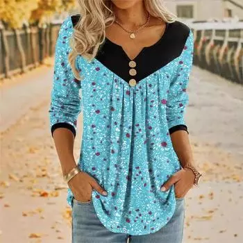 Весна Осень Женские Увеличенные Печатные Ажурные Длинные Рукава V-образный Вырез Эластичные Футболки Женские S чёрный