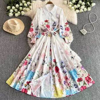 Весна Осень Женские Винтажные Дворцовые Принты Подиумные Платья Рубашка С Отложным Воротником Длинные Макси Праздничные Платья Для Вечеринок M
