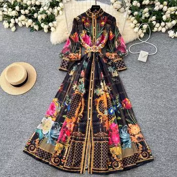 Весна Осень Женские Винтажные Принты Дизайнерские Подиумные Платья Однобортные Длинные Макси Свободные Праздничные Пляжные Платья с Поясом S абрикосовый