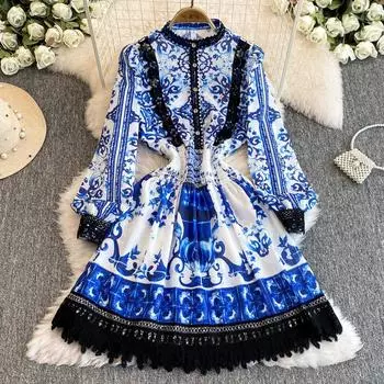 Весна Осень Женские Винтажные Принты Шифон Кружева Лоскутное Короткие Платья Для Вечеринок S синий